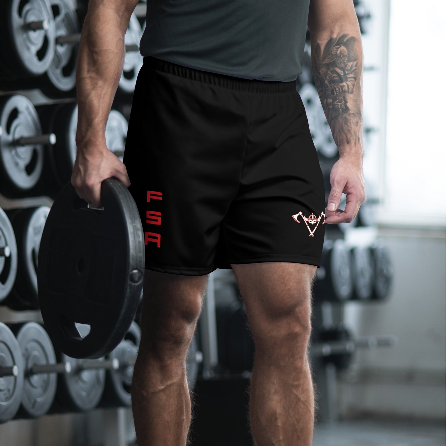 Men's Athletic Shorts / Black / White Logo / Red FSA